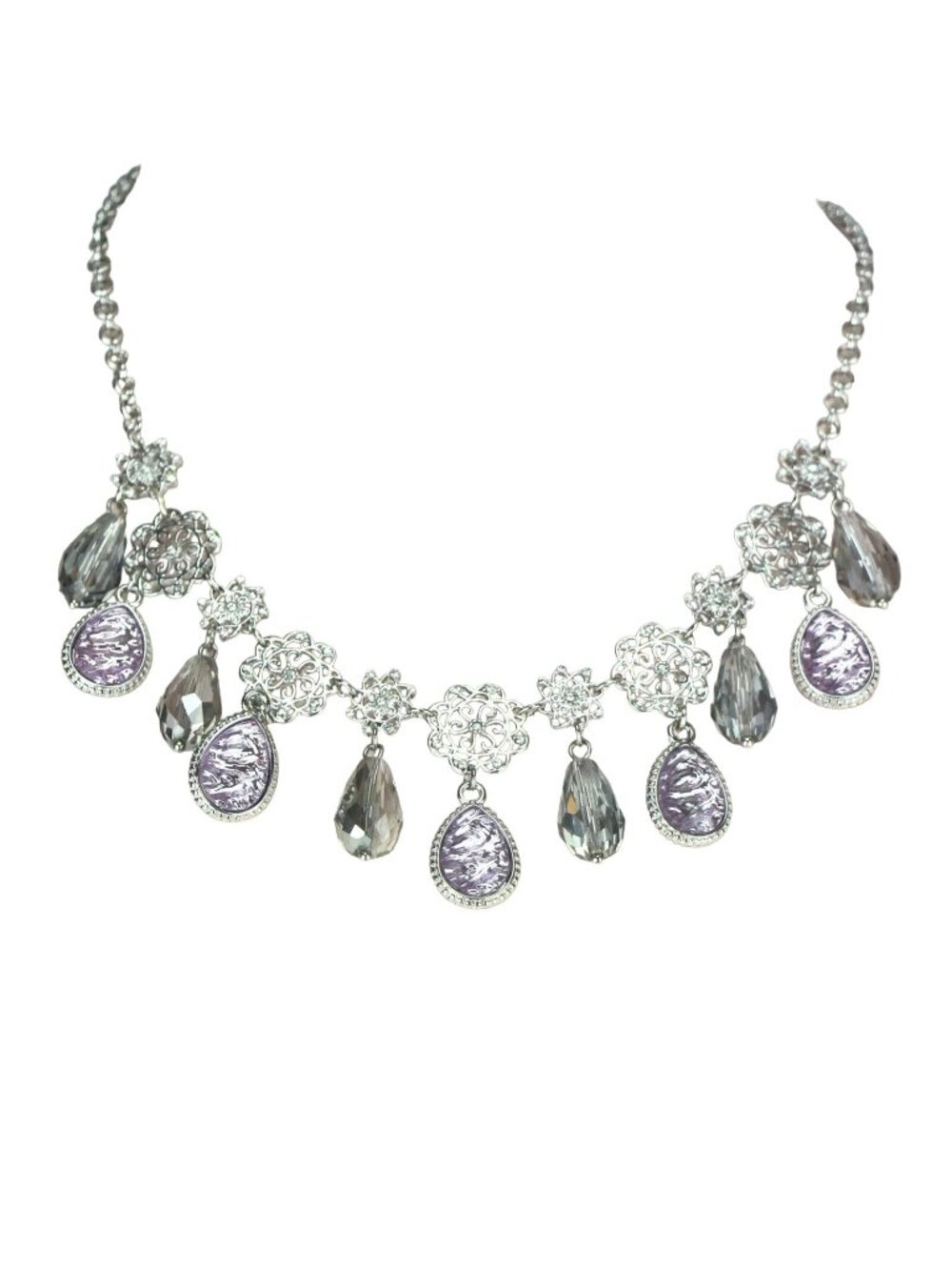 Metal Necklace Silver-tone Rhinestones Lavender Foil Teardrops